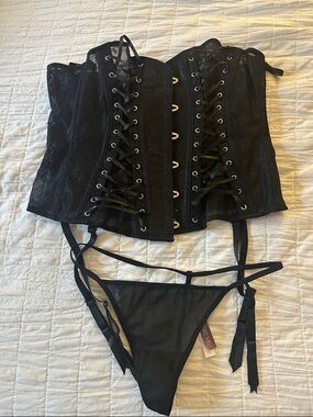 Adore Me Black Lace Corset with Matching Strappy Thong